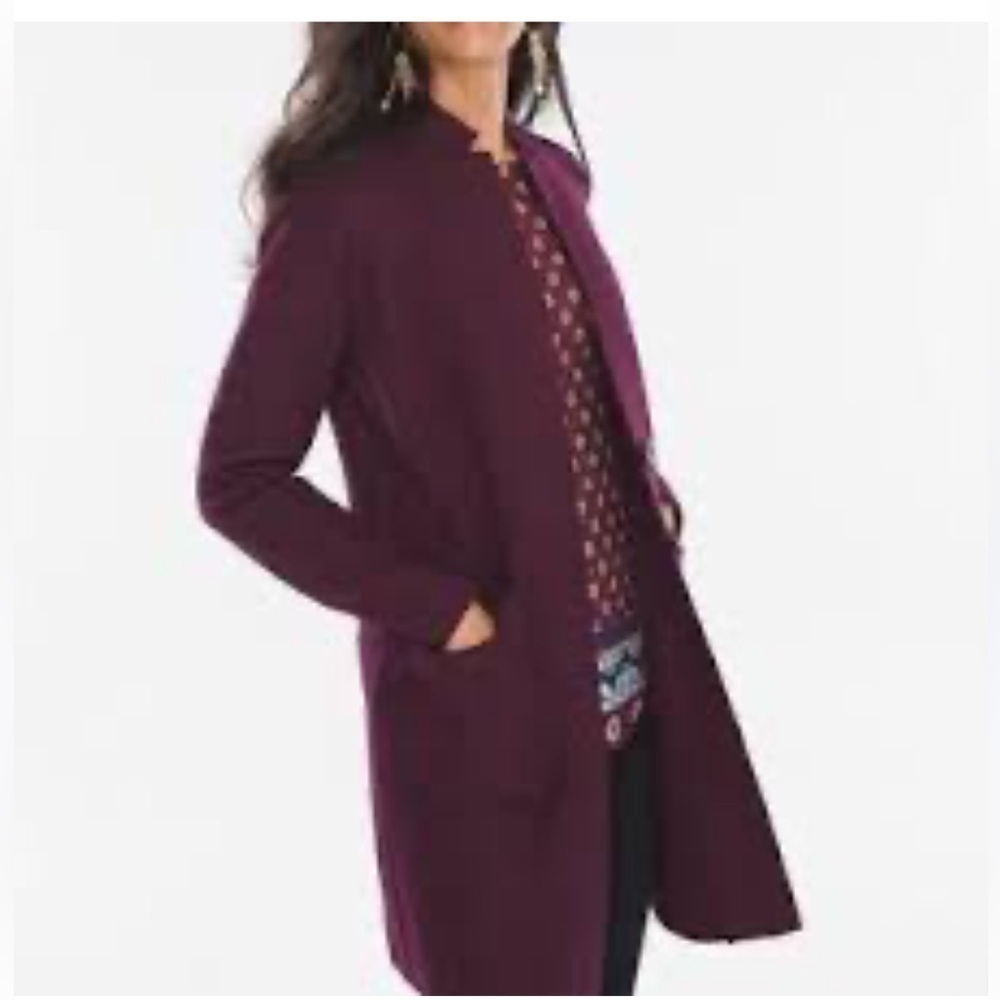 Chico Maroon Wool Coat, 2 Button, stand up collar patch pocket, exposed seams,S